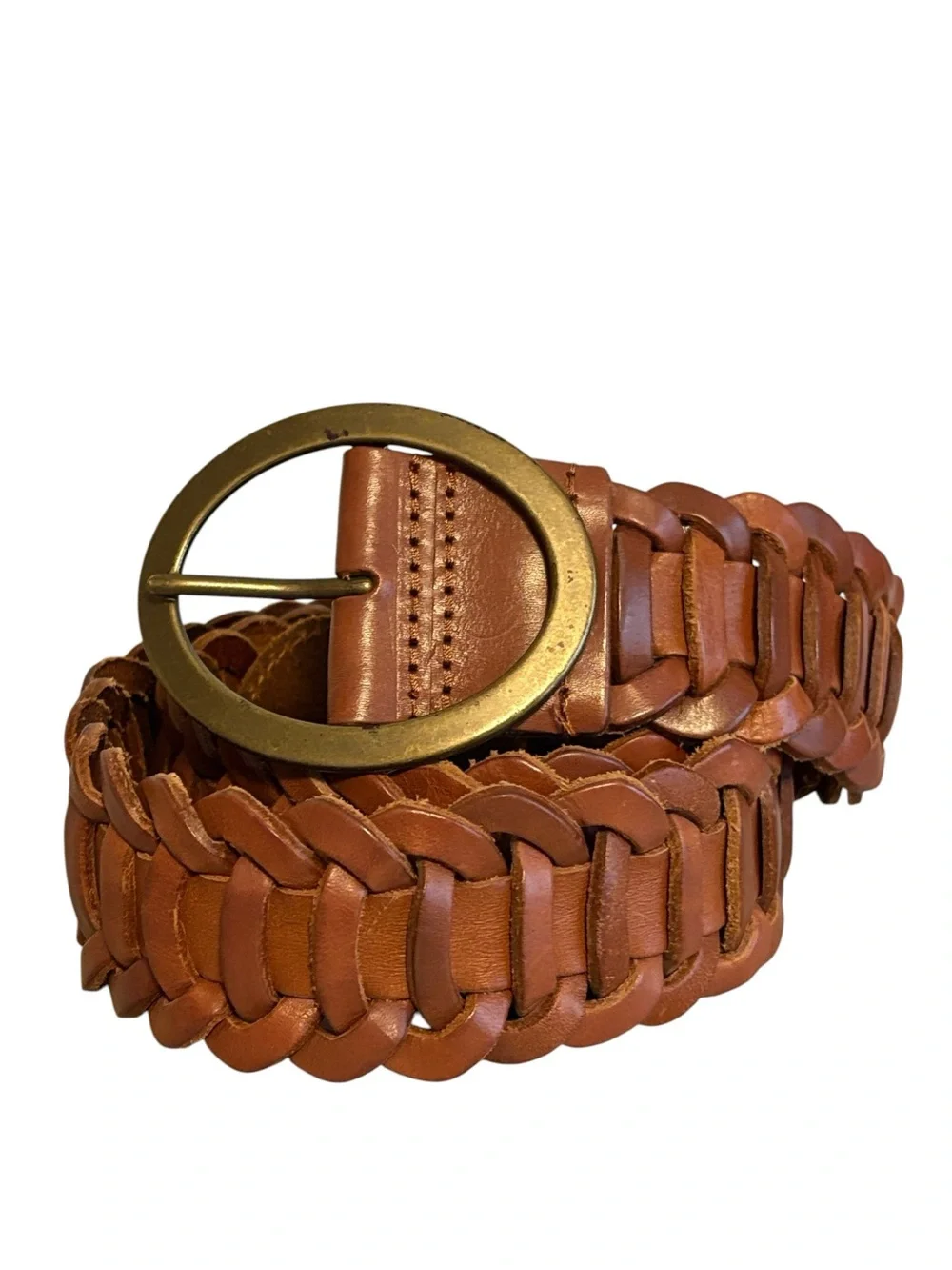 Vintage Wide Linked Braided Leather Statement Belt, Cognac Tan Boho Hippie